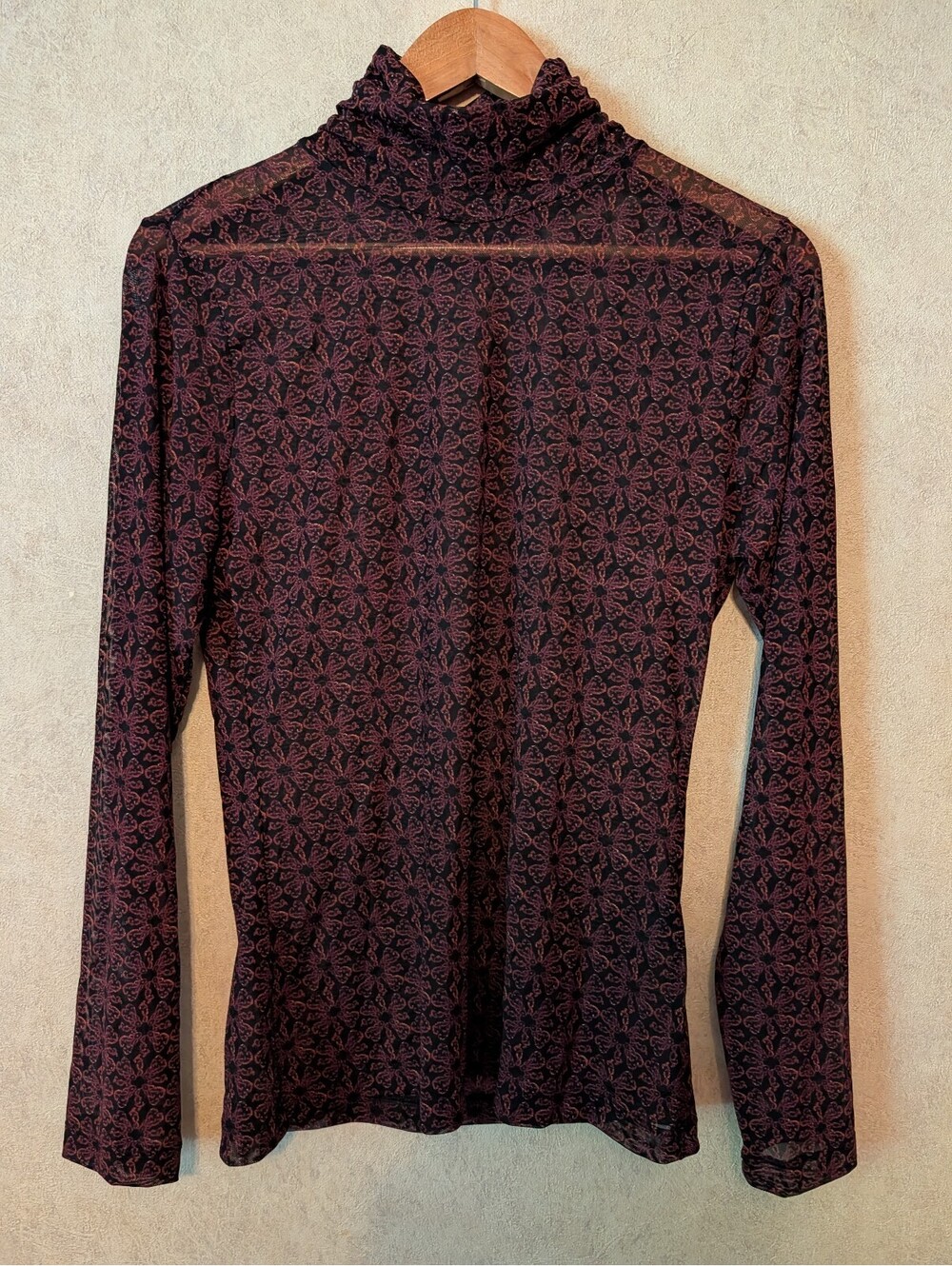 WHITE HOUSE BLACK MARKET black burgundy mesh long sleeve tee sz S